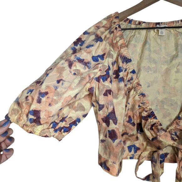 New Open Edit Cropped Wrap Puff Sleeve Wrap Top Multicolor Poplin L Nordstrom - Picture 2 of 6